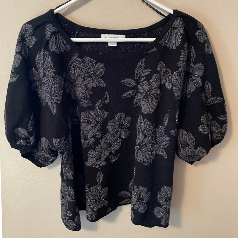 Liz Claiborne PXL Black Silver Metallic Floral Puff Sleeve Top Whimsigoth Party